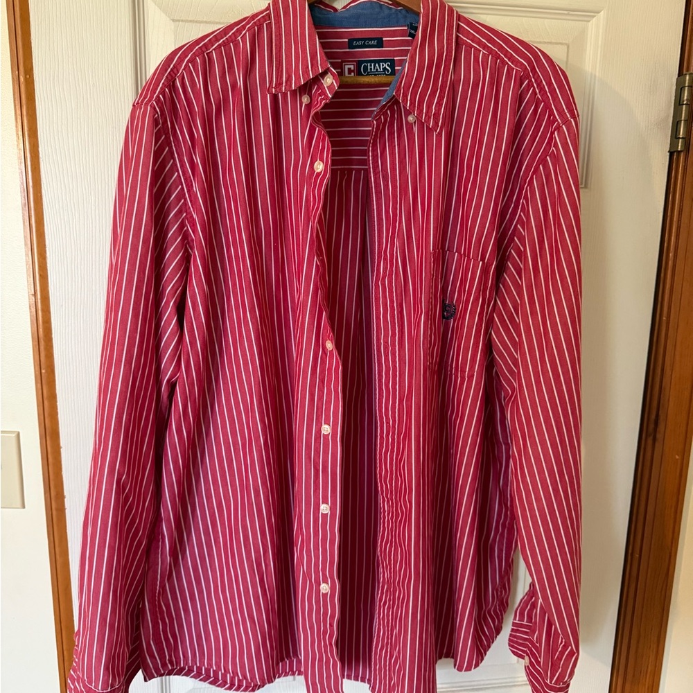 Chaps Men's Red and White Striped Button Down Shirt